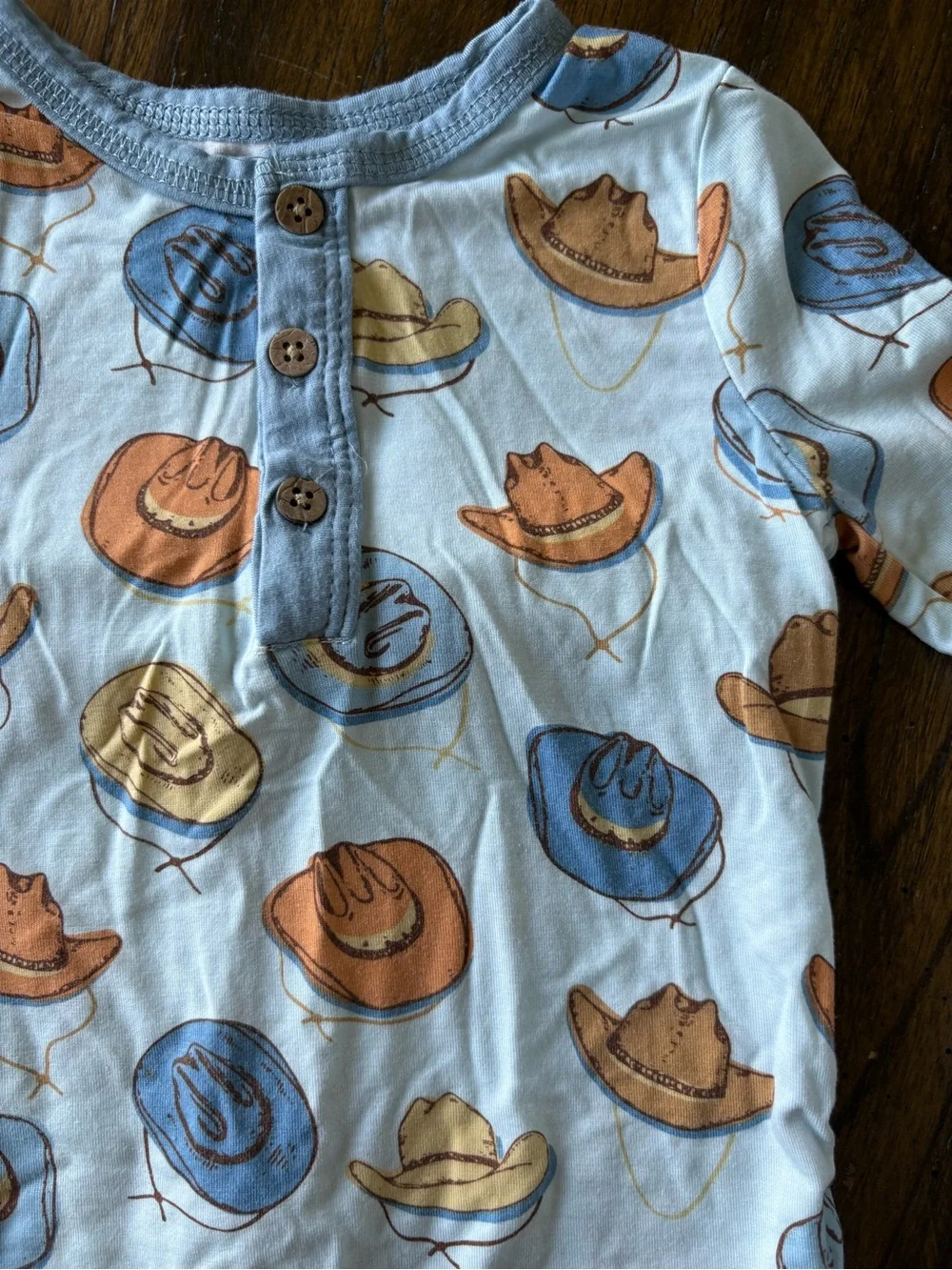 Mud Pie Light Blue Cowboy Hat Pajama Set with Orange and Tan Hats